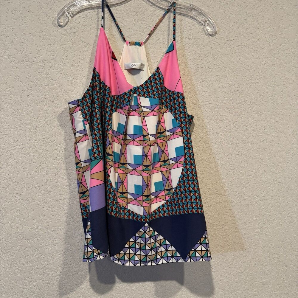 Ovi Women's Pleated Front V Neck Geometric Tank Top Sleeveless Multicolor Size M